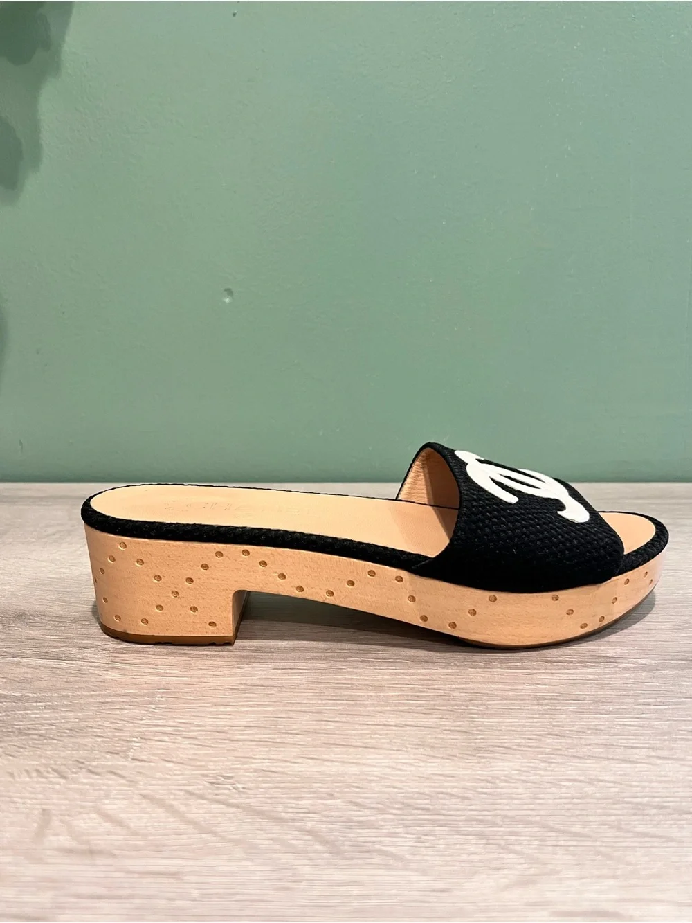 CHANEL Black Slide Mule with White CC Accent Wood Platform Clogs